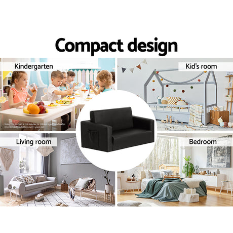 Keezi Kids Sofa 2 Seater Children Flip Open Couch PU Leather Armchair Black