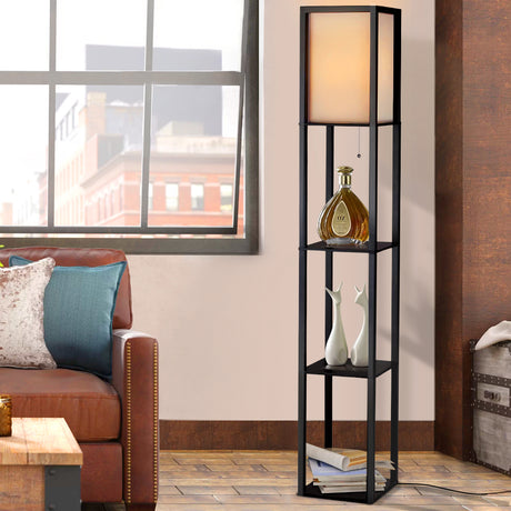 Vintage Black Floor Lamp with 3-Tier Shelves