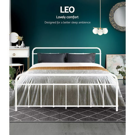 Artiss Leo Queen Metal Bed Frame - White