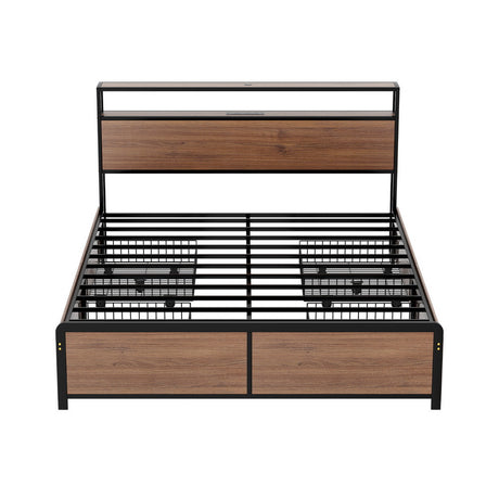 Artiss Metal Bed Frame Double Size with 2-Tier Storage Headboard Metal Platform with 4 Storage Drawers Built in Charging Station & LED Noise-Free/Metal Support/No Box Spring Needed Vintage Brown