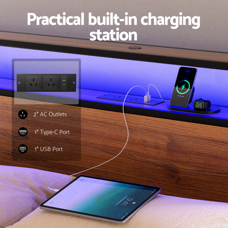 Artiss Metal Bed Frame Double Size with 2-Tier Storage Headboard Metal Platform with 4 Storage Drawers Built in Charging Station & LED Noise-Free/Metal Support/No Box Spring Needed Vintage Brown