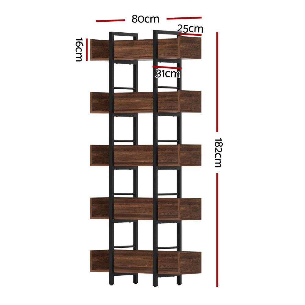 Artiss 5-Tier Walnut Bookshelf with Metal Frame