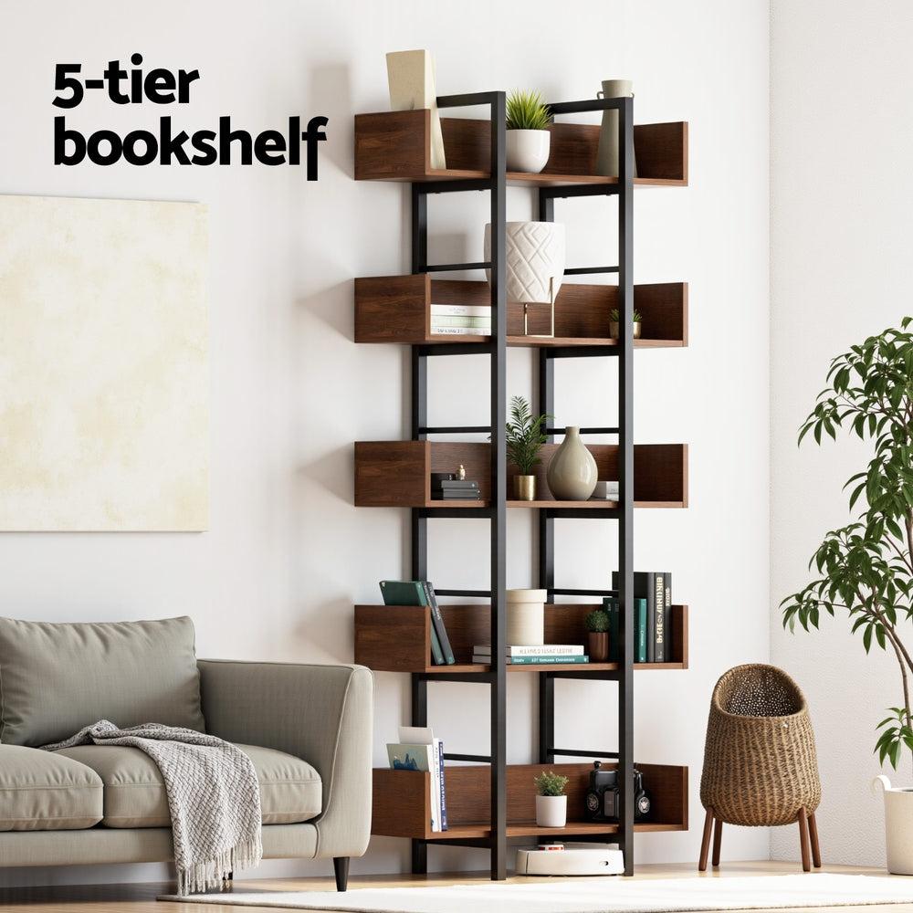Artiss 5-Tier Walnut Bookshelf with Metal Frame
