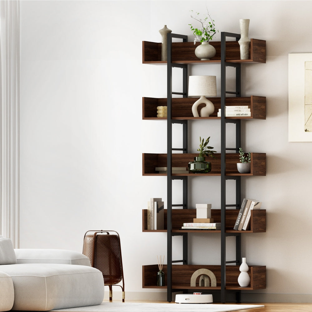 Artiss 5-Tier Walnut Bookshelf with Metal Frame