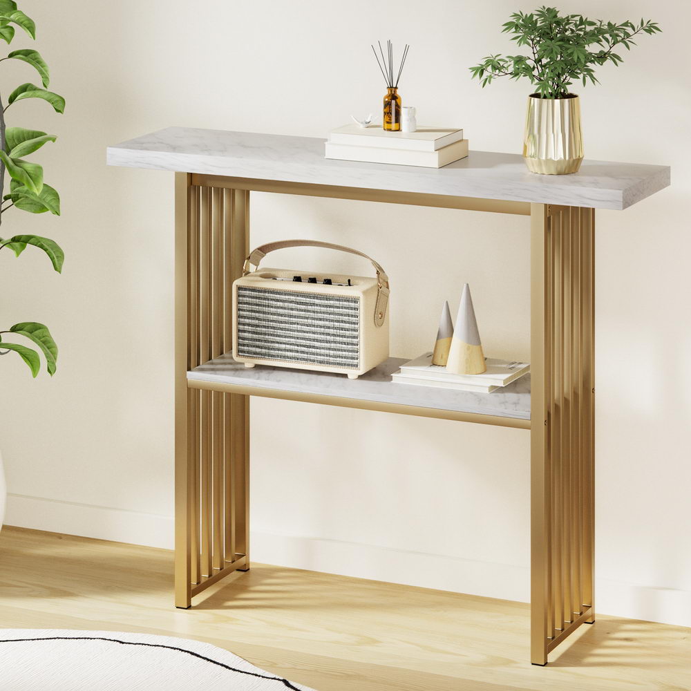 Artiss White & Gold Marble Effect Console Table