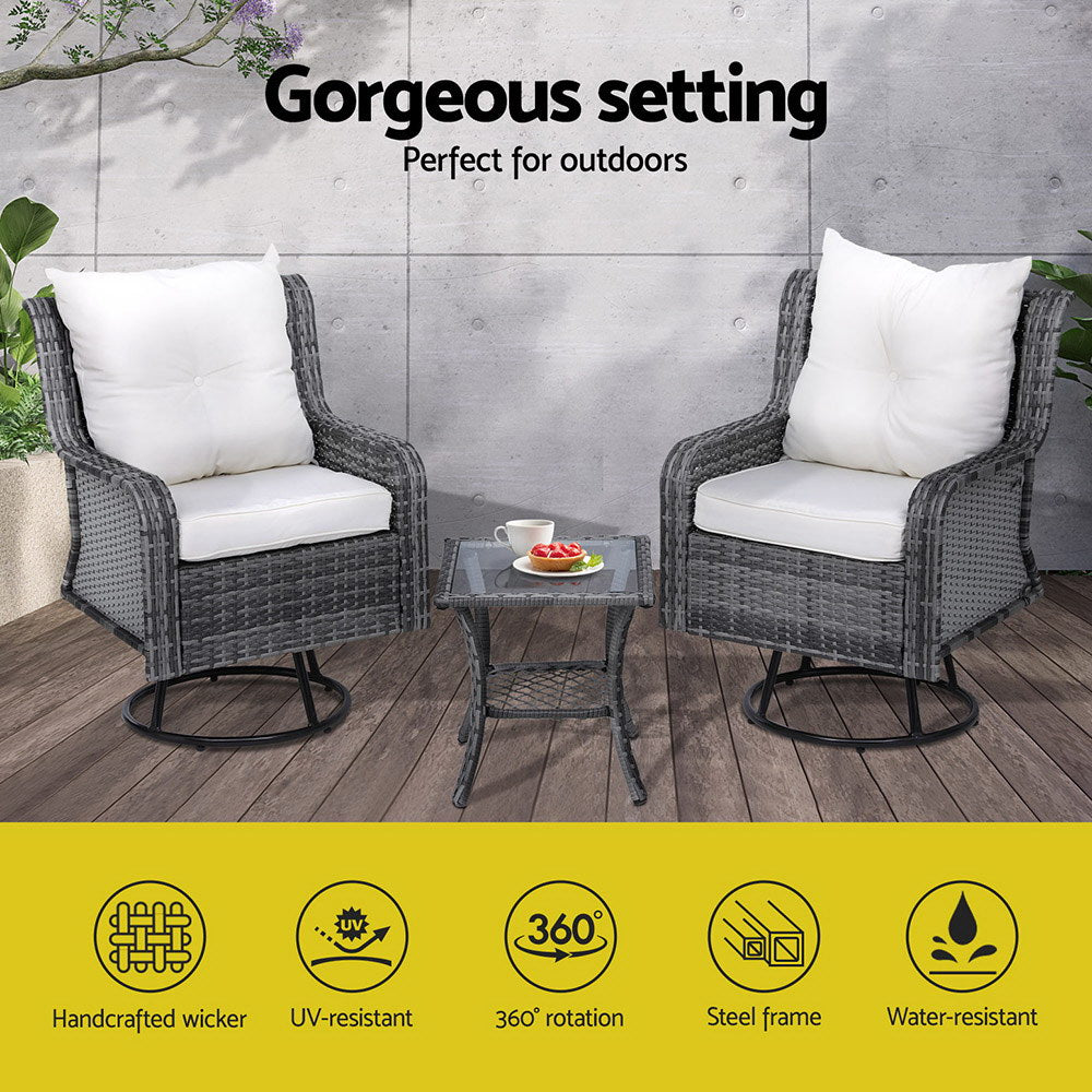 Gardeon 3-Piece Swivel Wicker Bistro Set
