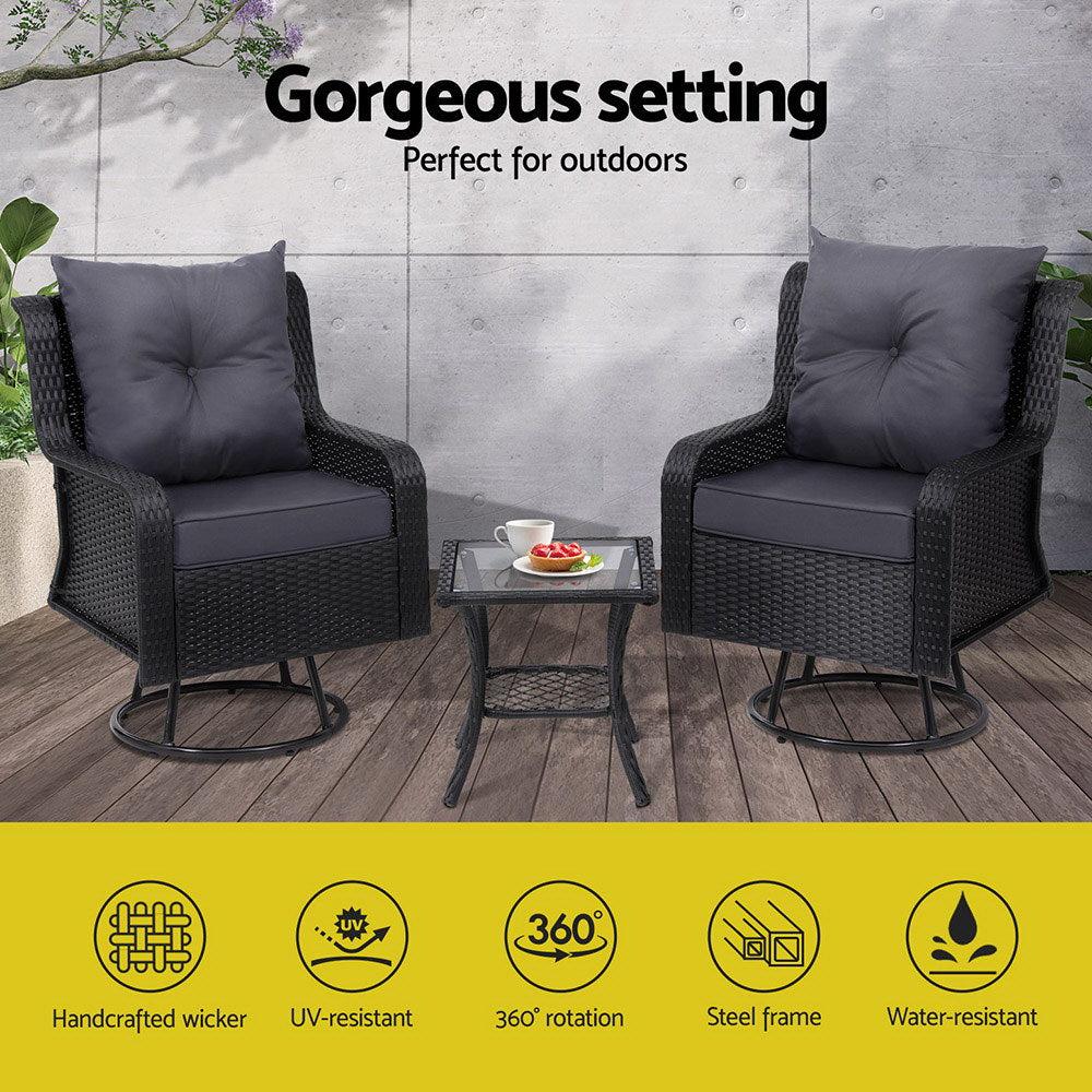 Gardeon 3-Piece Swivel Wicker Bistro Set