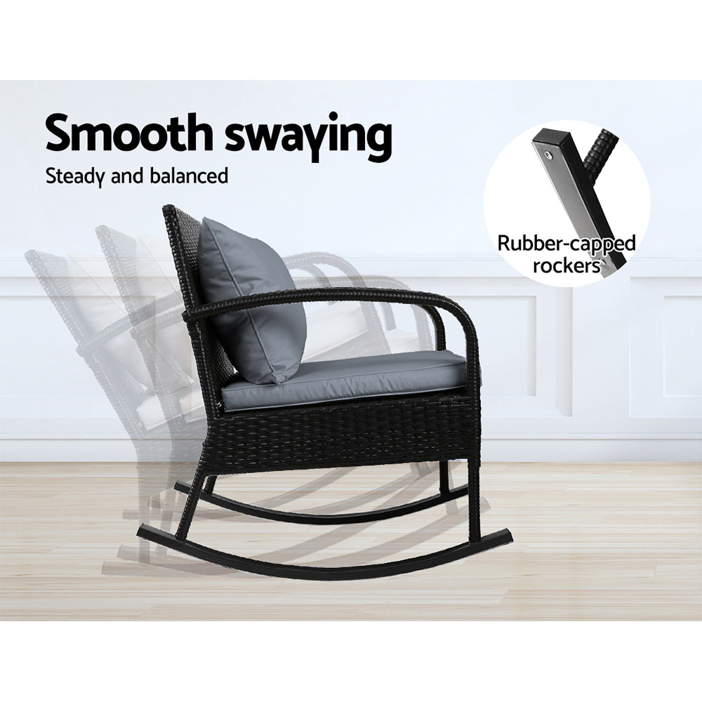 Gardeon Black Wicker 3PC Rocking Chair Set
