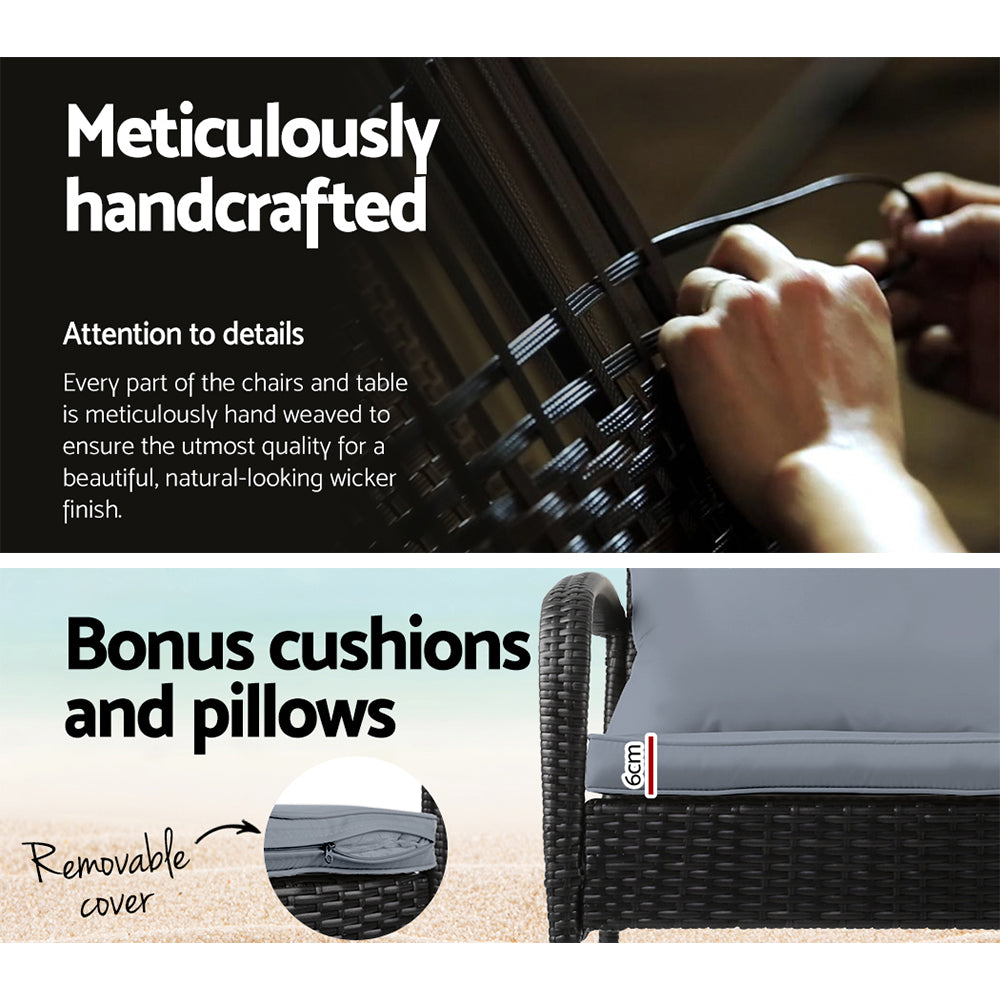 Gardeon Black Wicker 3PC Rocking Chair Set