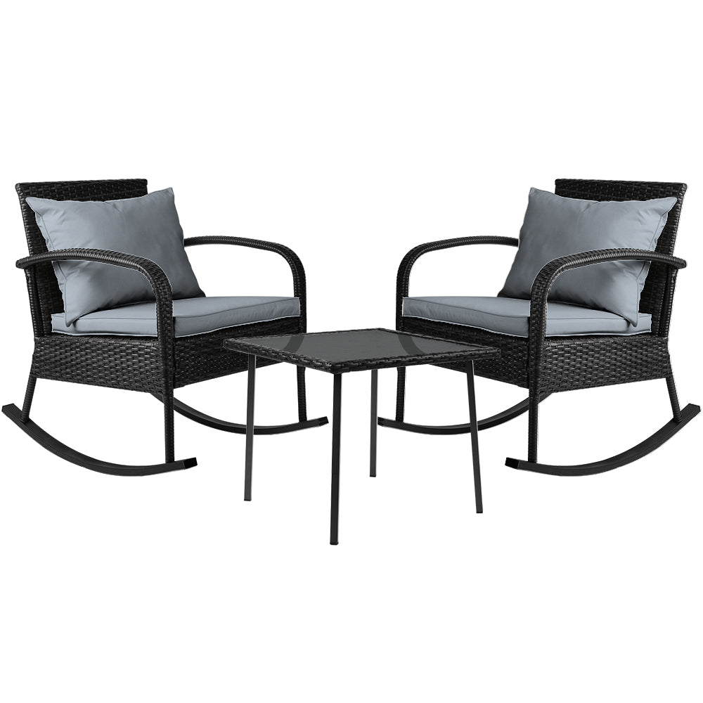 Gardeon Black Wicker 3PC Rocking Chair Set