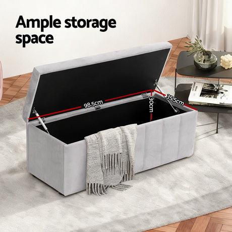Artiss Velvet Grey Storage Ottoman 103cm