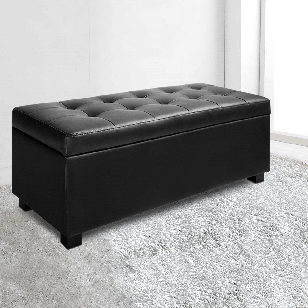 Artiss Black Leather Storage Ottoman 97cm