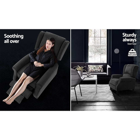 Artiss Charcoal Recliner Chair - Adjustable Soft Suede Lounge Armchair
