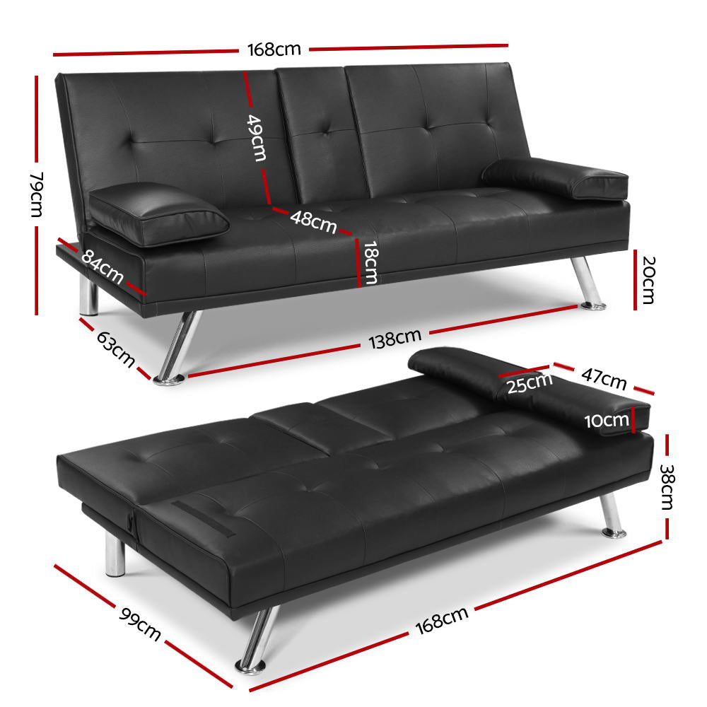 Artiss Black PU Leather 3-Seater Sofa Bed