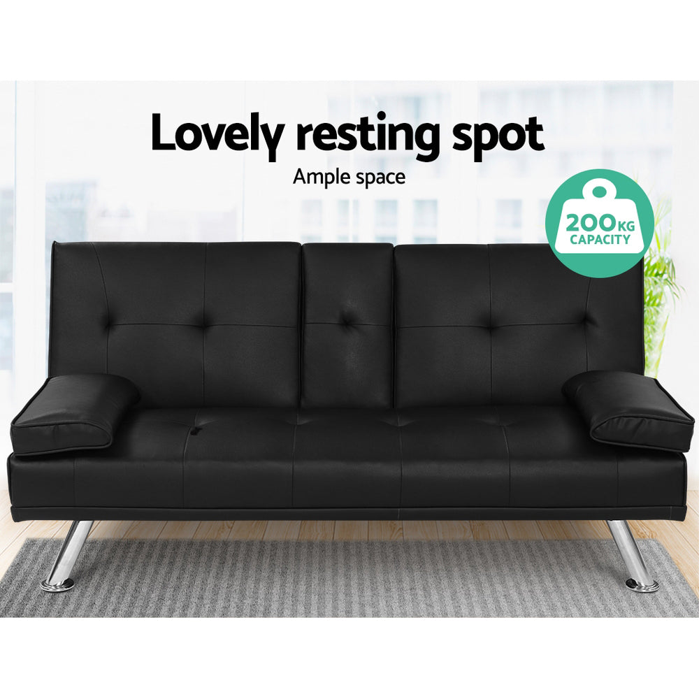 Artiss Black PU Leather 3-Seater Sofa Bed