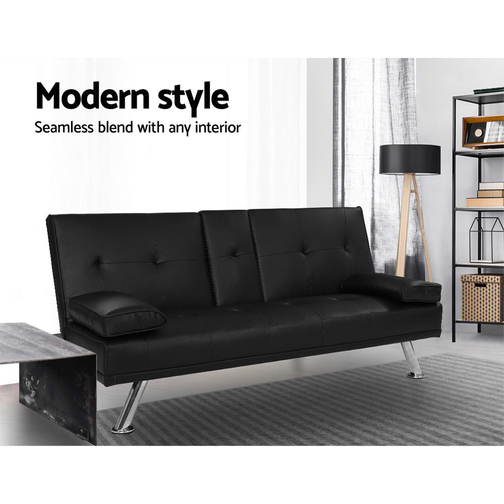 Artiss Black PU Leather 3-Seater Sofa Bed