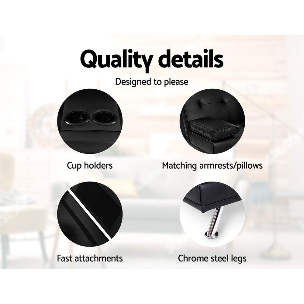 Artiss Black PU Leather 3-Seater Sofa Bed