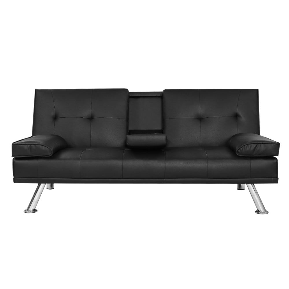 Artiss Black PU Leather 3-Seater Sofa Bed