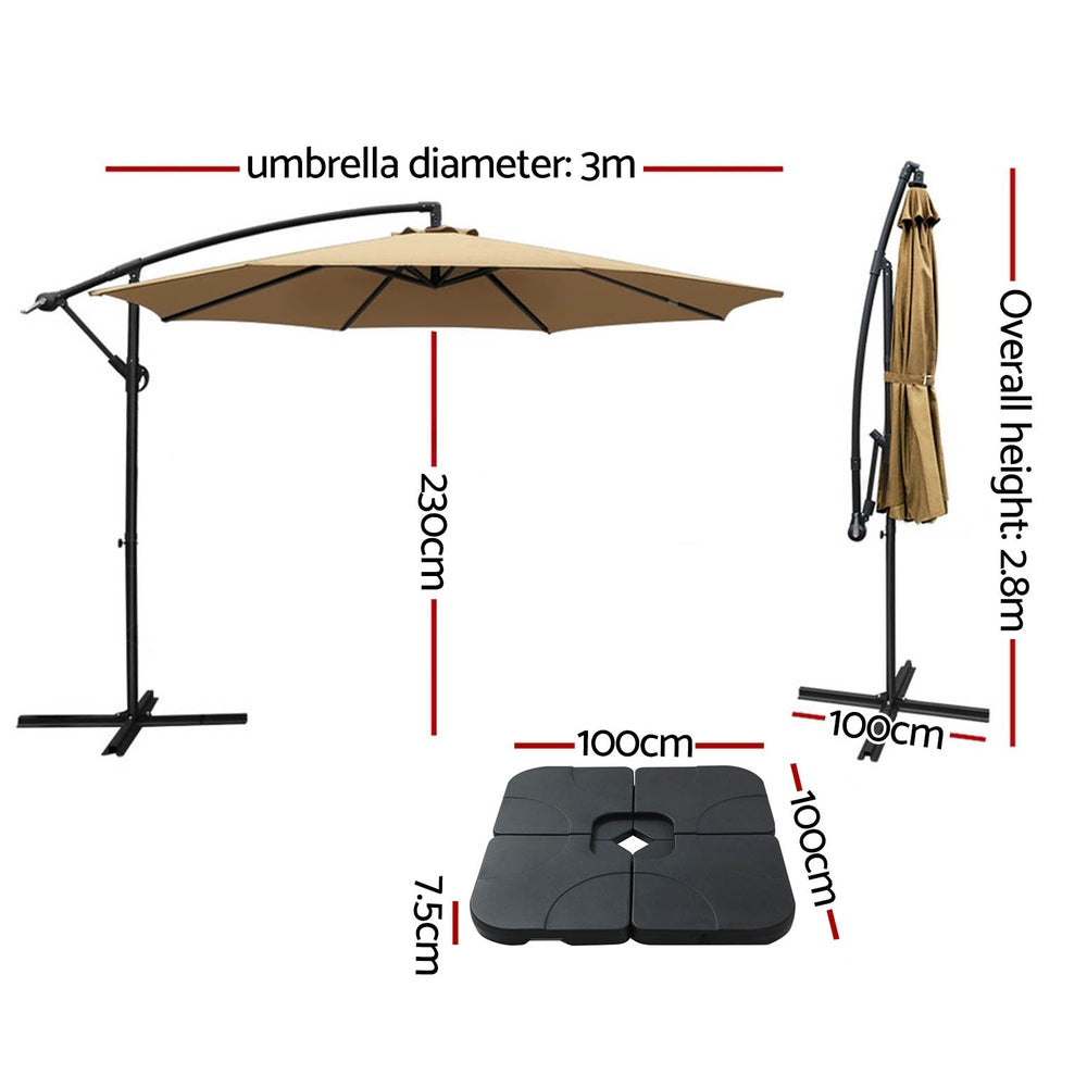 Instahut 3m Umbrella w/Base Outdoor Cantilever Beach Garden Patio Parasol
