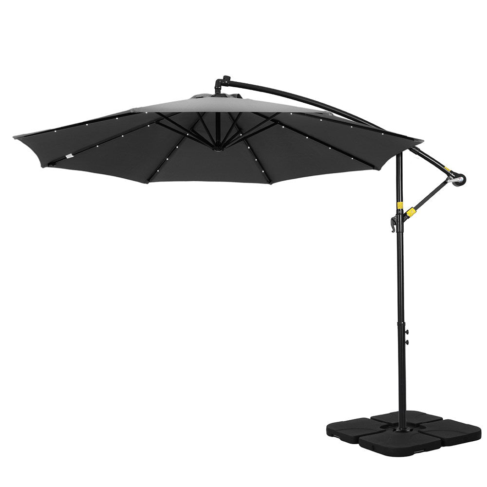 Instahut Outdoor Cantilever Umbrella with LED and Base for Garden Sun Patio