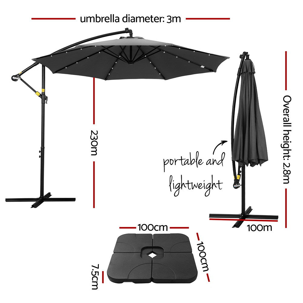 Instahut Outdoor Cantilever Umbrella with LED and Base for Garden Sun Patio