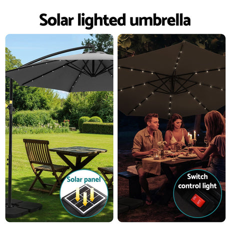 Instahut Outdoor Cantilever Umbrella with LED and Base for Garden Sun Patio