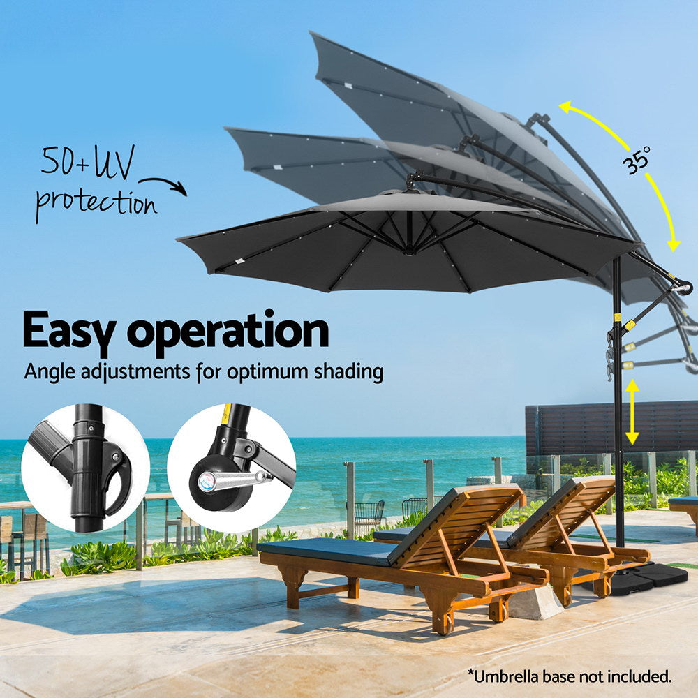 Instahut Outdoor Cantilever Umbrella with LED and Base for Garden Sun Patio