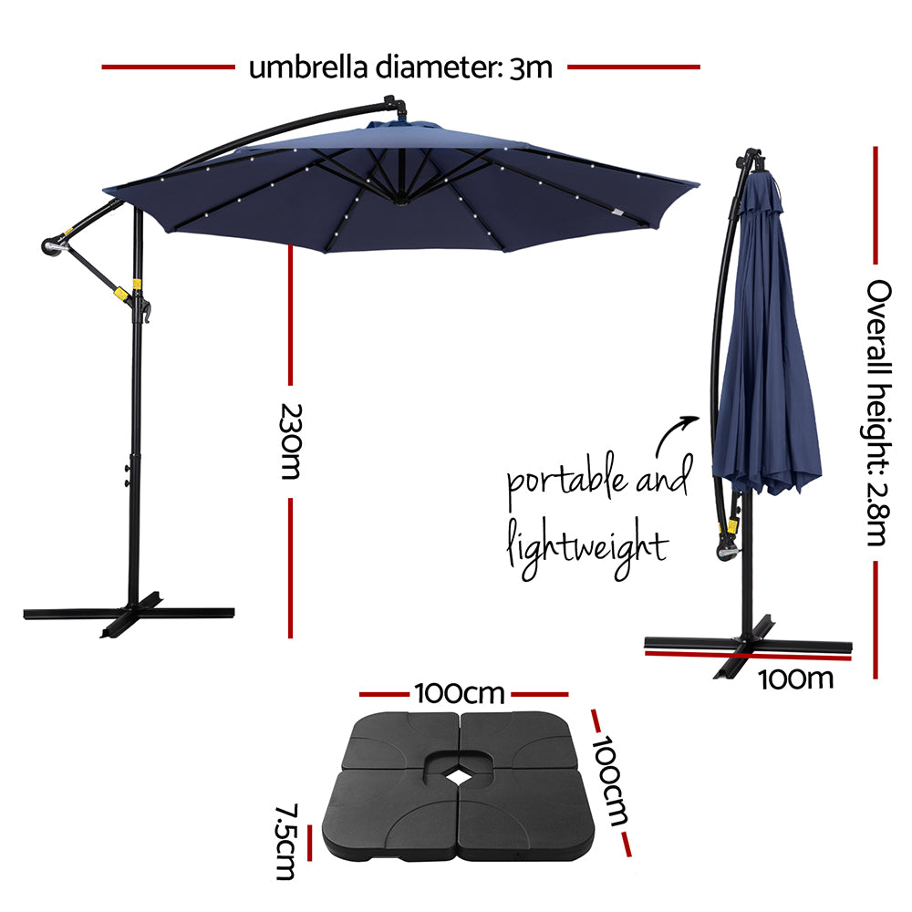 Instahut Outdoor Cantilever Umbrella with LED and Base for Garden Sun Patio