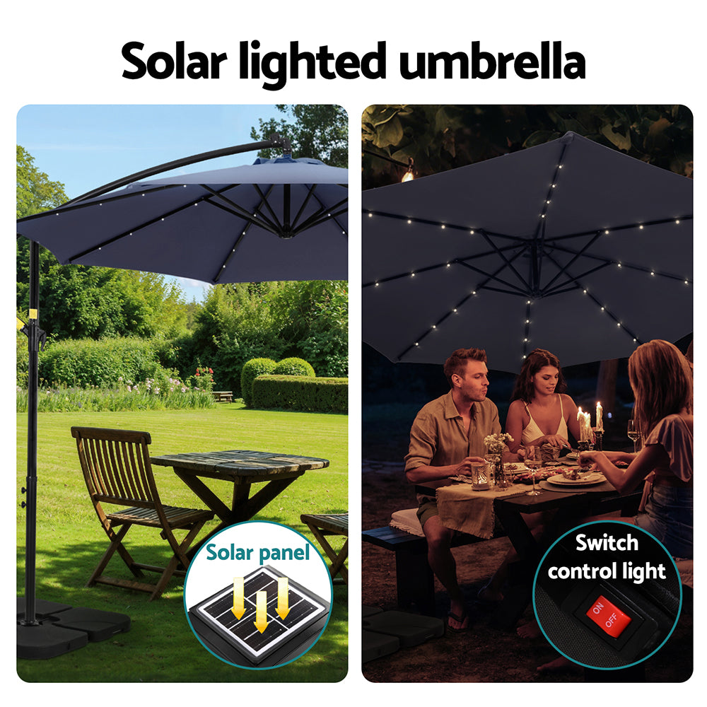 Instahut Outdoor Cantilever Umbrella with LED and Base for Garden Sun Patio