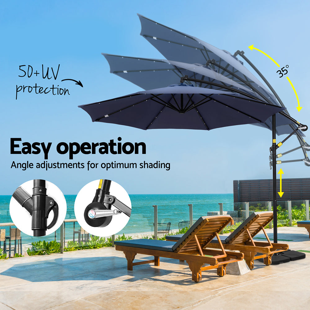Instahut Outdoor Cantilever Umbrella with LED and Base for Garden Sun Patio