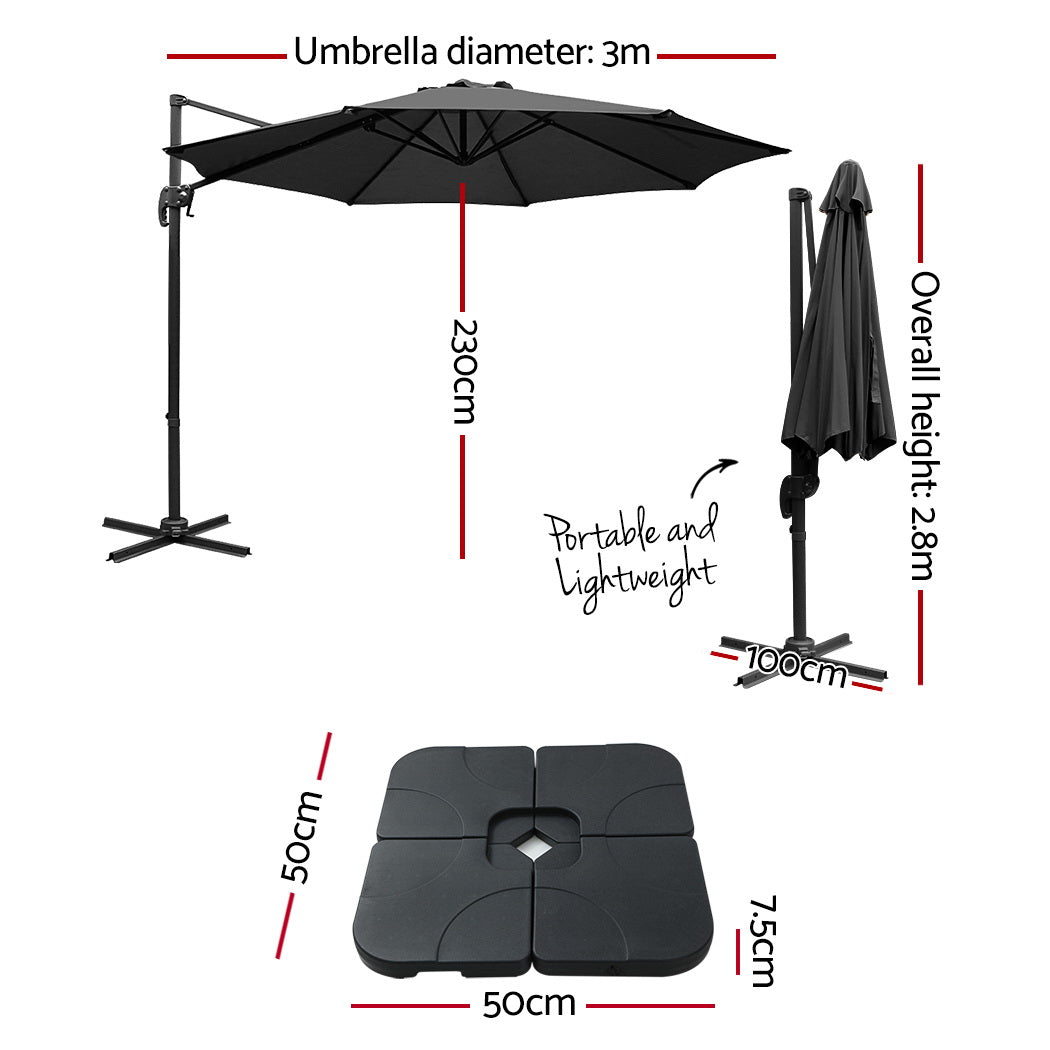 Instahut Outdoor Umbrella Canopy w/Base Cantilever Beach Roma 360 Degree Tilt