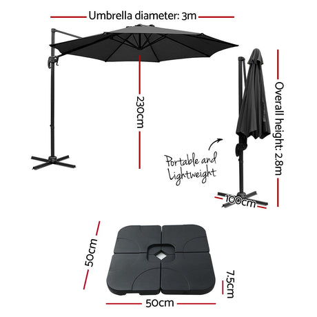 Instahut Outdoor Umbrella Canopy w/Base Cantilever Beach Roma 360 Degree Tilt