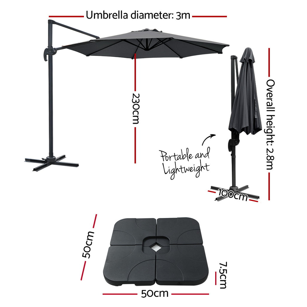 Instahut Outdoor Umbrella Canopy w/Base Cantilever Beach Roma 360 Degree Tilt