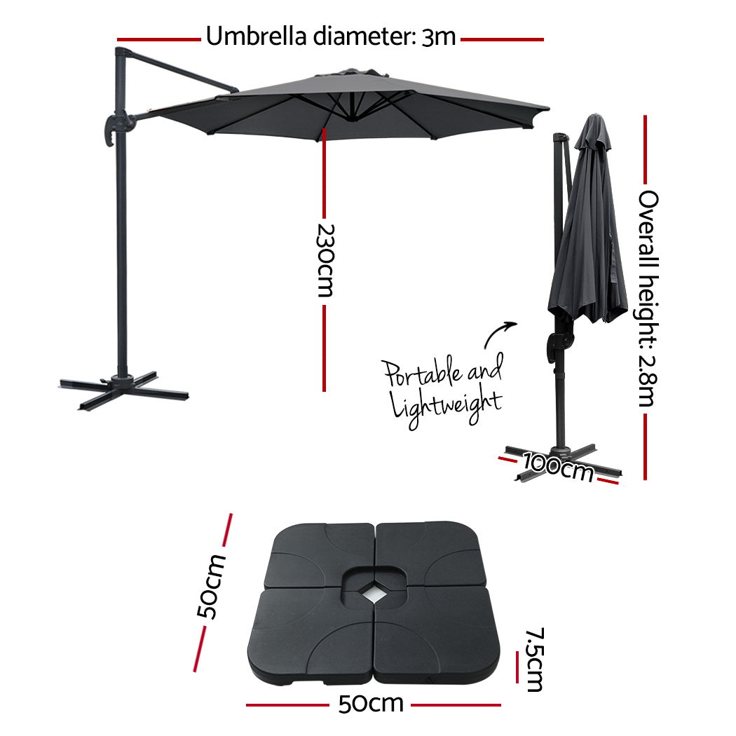 Instahut Outdoor Umbrella Canopy w/Base Cantilever Beach Roma 360 Degree Tilt