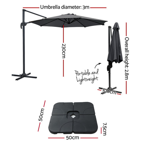 Instahut Outdoor Umbrella Canopy w/Base Cantilever Beach Roma 360 Degree Tilt