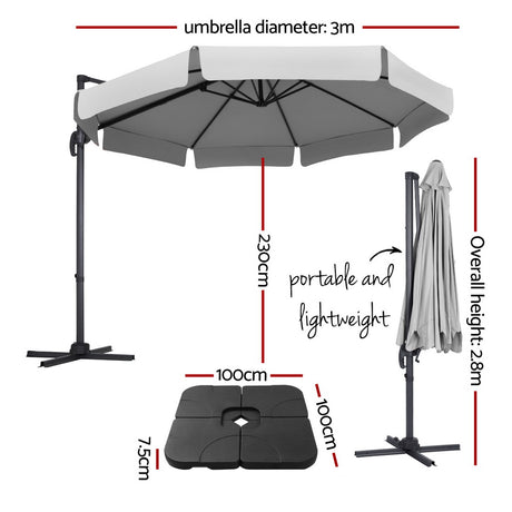 Instahut Outdoor Umbrella Canopy w/Base Cantilever Beach Roma 360 Degree Tilt