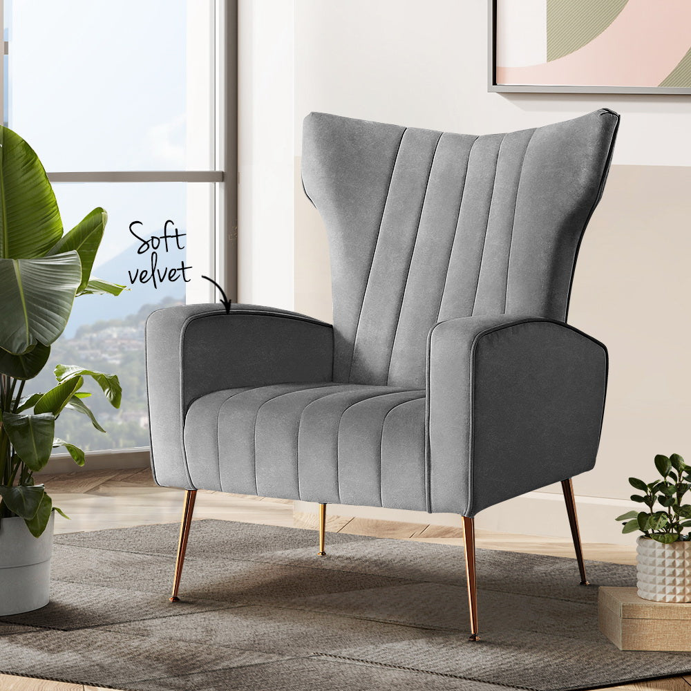 Artiss Velvet Kate Armchair - Elegant Design in Grey