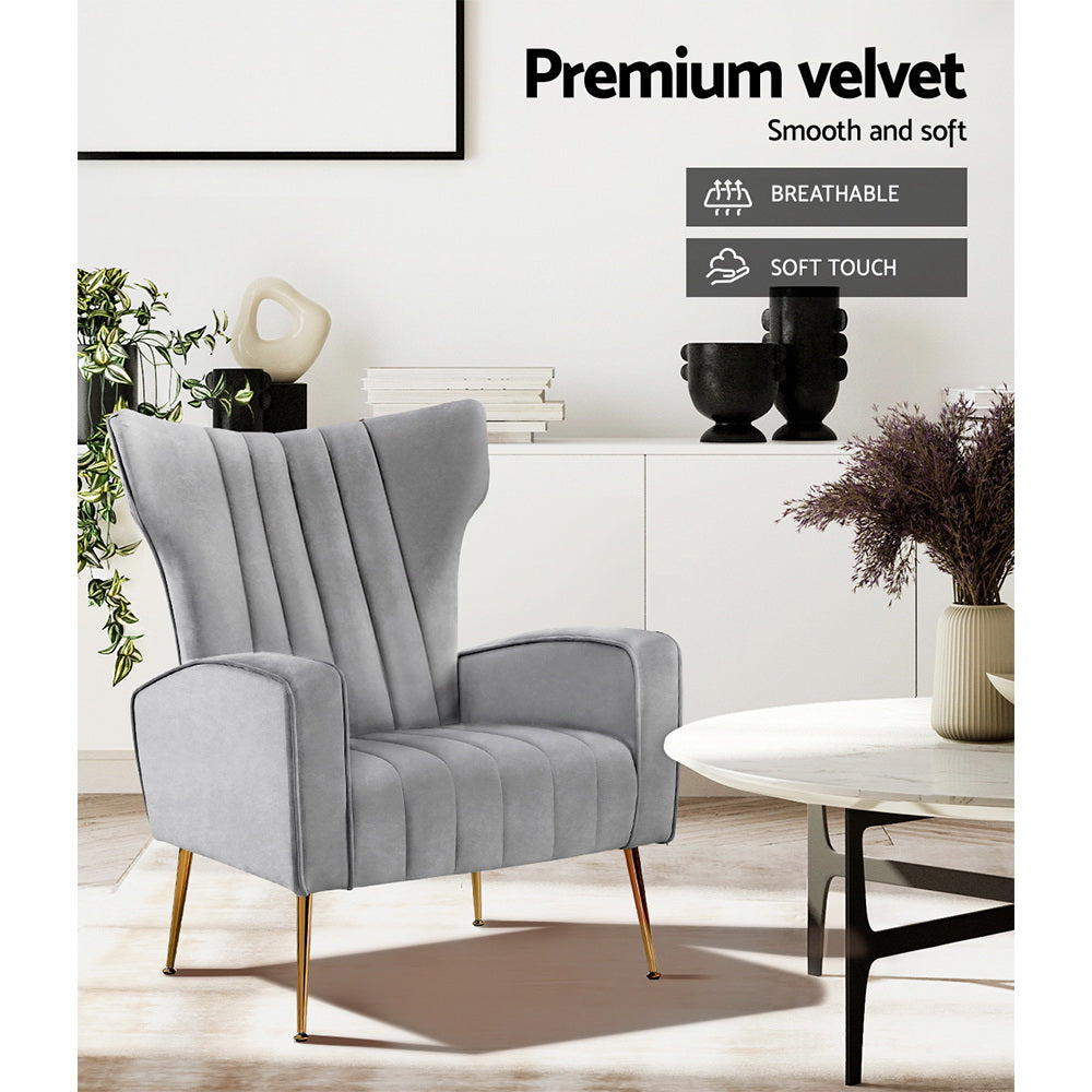 Artiss Velvet Kate Armchair - Elegant Design in Grey