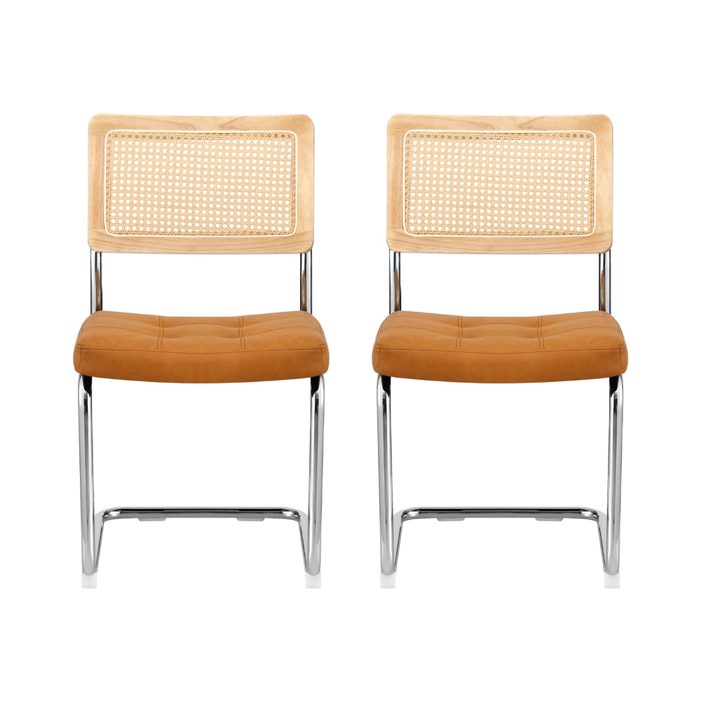 Brown PU Leather Rattan Cantilever Dining Chairs Set of 2