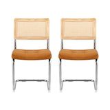 Brown PU Leather Rattan Cantilever Dining Chairs Set of 2