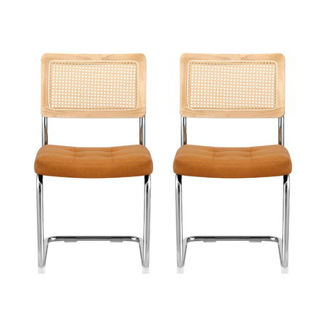 Brown PU Leather Rattan Cantilever Dining Chairs Set of 2