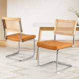 Brown PU Leather Rattan Cantilever Dining Chairs Set of 2