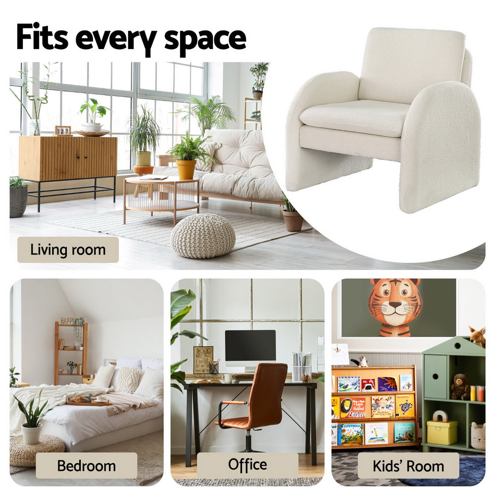 Artiss Boucle White Armchair Accent Chair with Curved Ergonomic Design