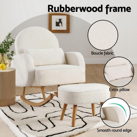 Boucle Rocking Chair with Ottoman - Elegant White Design