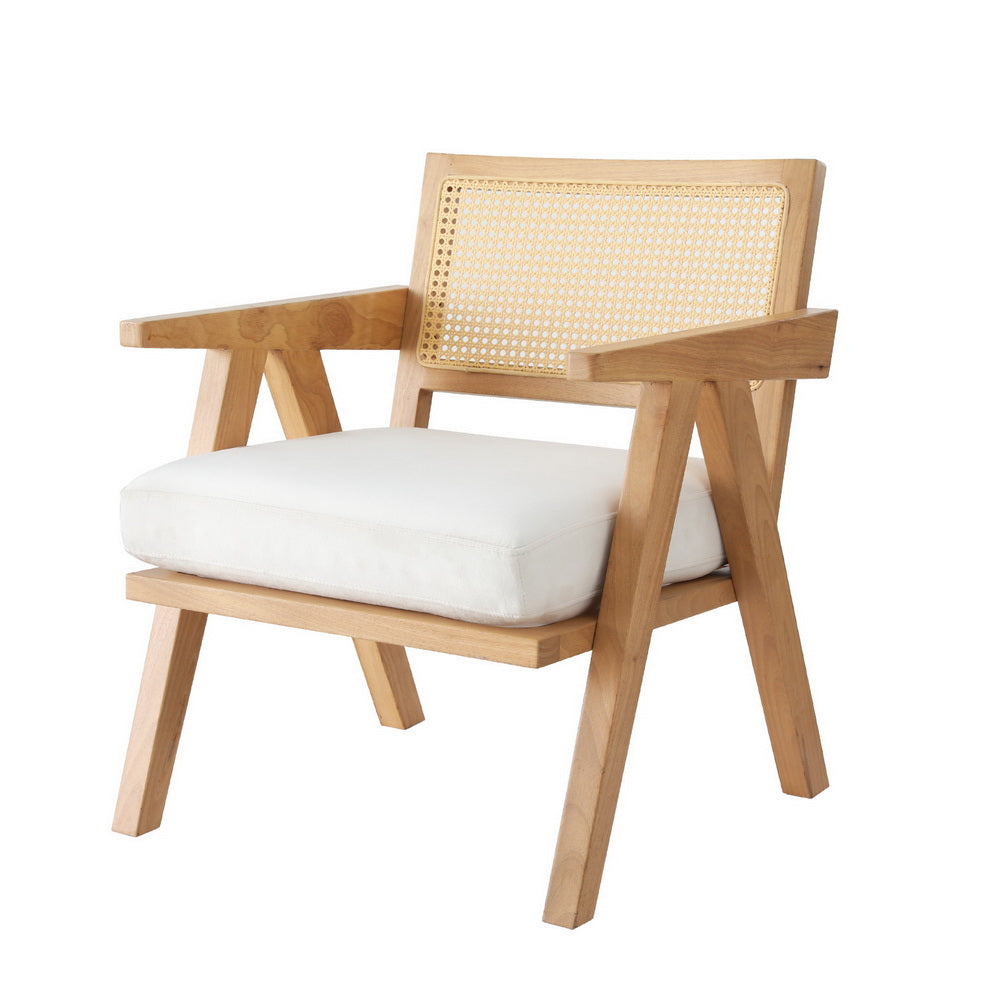 Artiss Velvet Armchair with Rattan Backrest and Rubberwood Frame