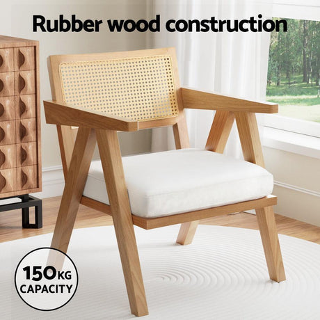 Artiss Velvet Armchair with Rattan Backrest and Rubberwood Frame