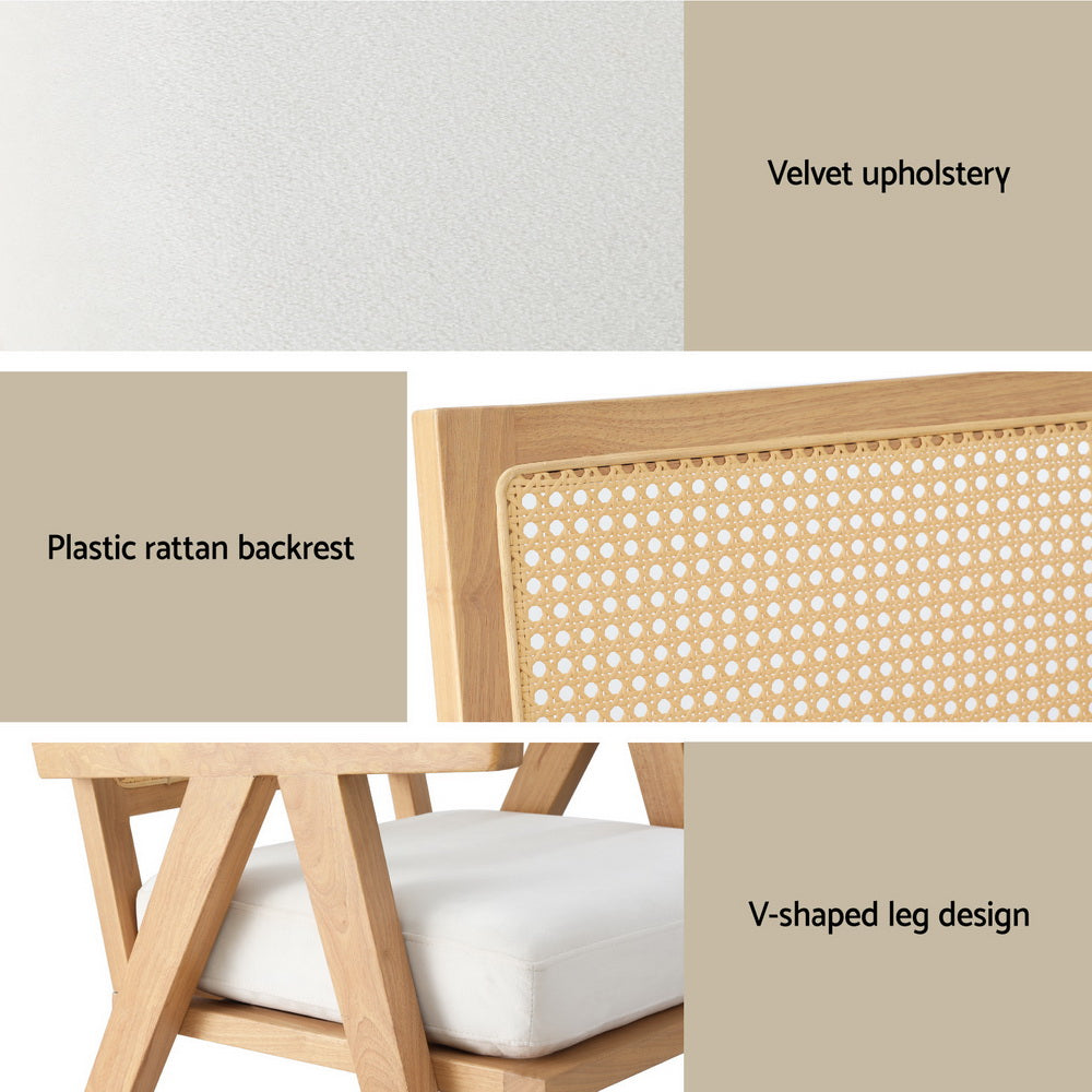 Artiss Velvet Armchair with Rattan Backrest and Rubberwood Frame