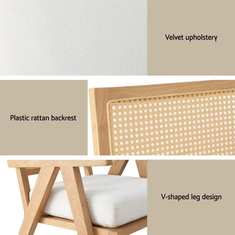 Artiss Velvet Armchair with Rattan Backrest and Rubberwood Frame