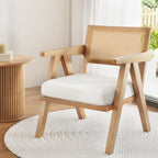 Artiss Velvet Armchair with Rattan Backrest and Rubberwood Frame