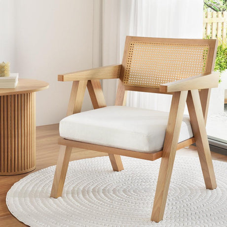 Artiss Velvet Armchair with Rattan Backrest and Rubberwood Frame